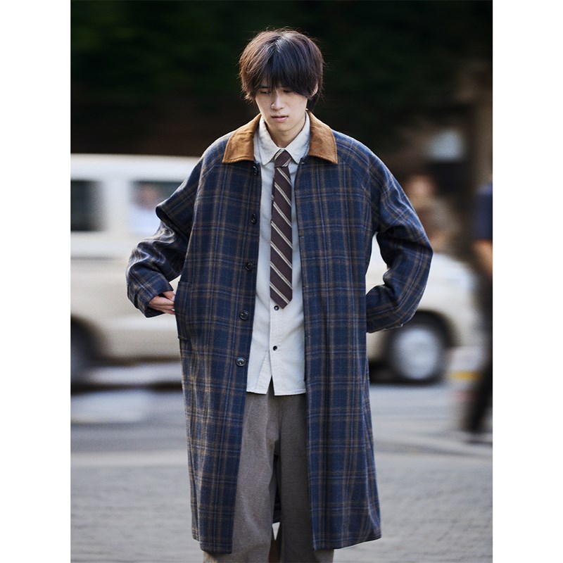 南鹤日系大衣男中长款英伦风衣秋冬季韩版格子宽松休闲男生外套潮