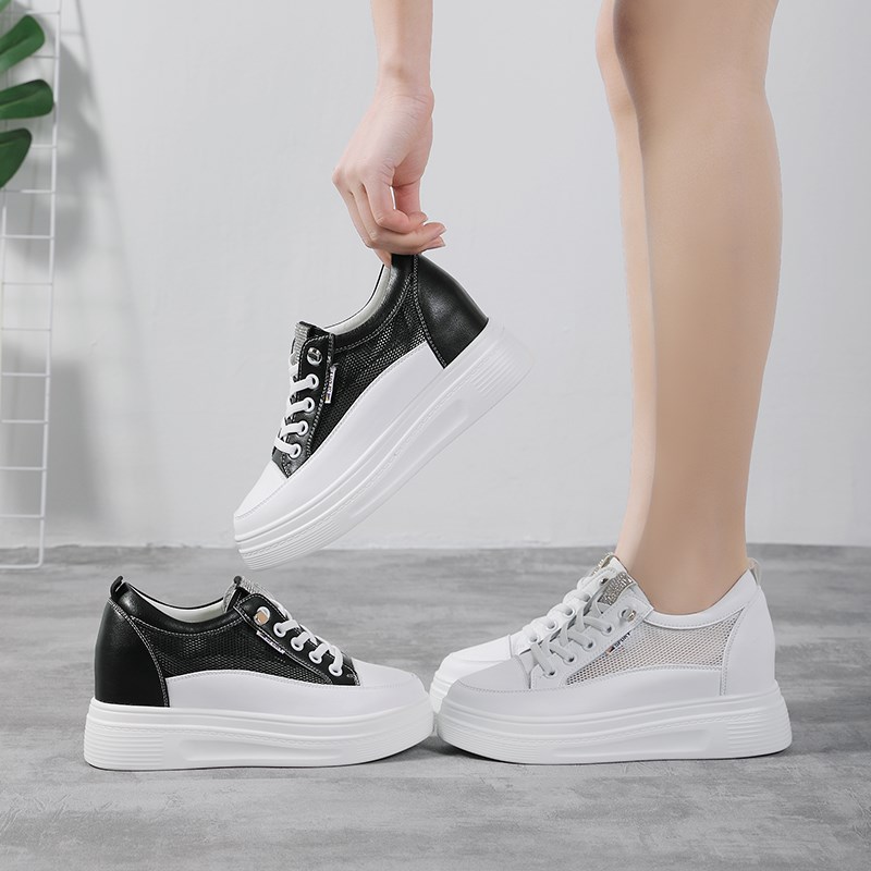 真皮厚底7CM小白鞋女夏季镂空薄款百搭小个子网面透气内增高女鞋