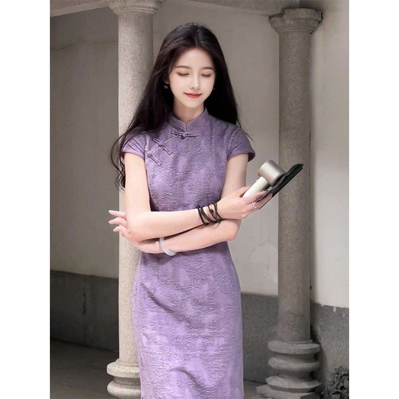 【温辞】紫色新中式提花改良旗袍裙女2025春夏复古收腰长裙连衣裙