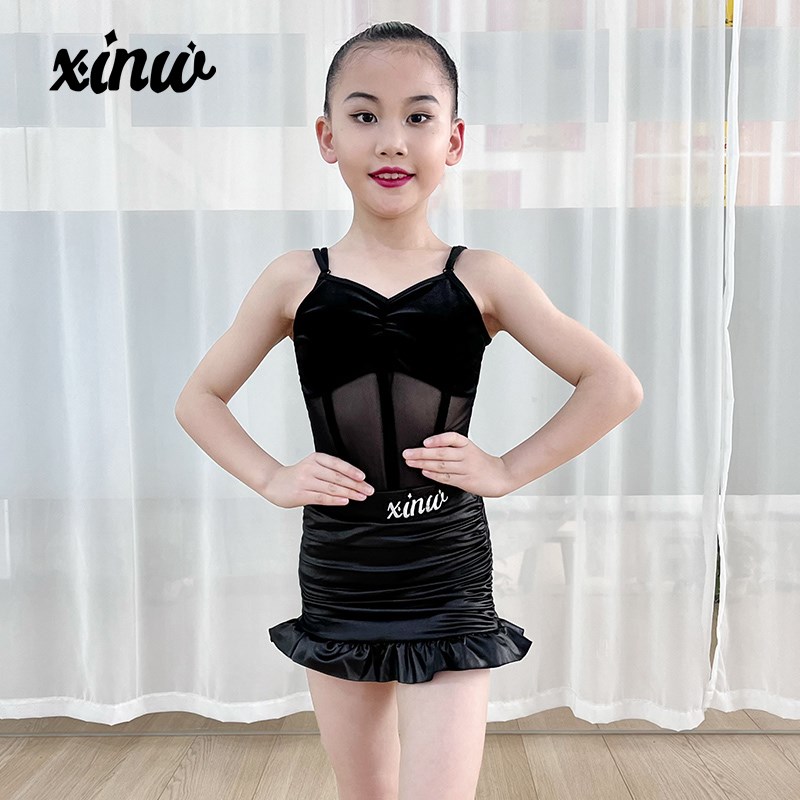鑫舞儿童吊带拉丁舞练功服演出服夏季新款表演女少儿舞蹈仿皮裙