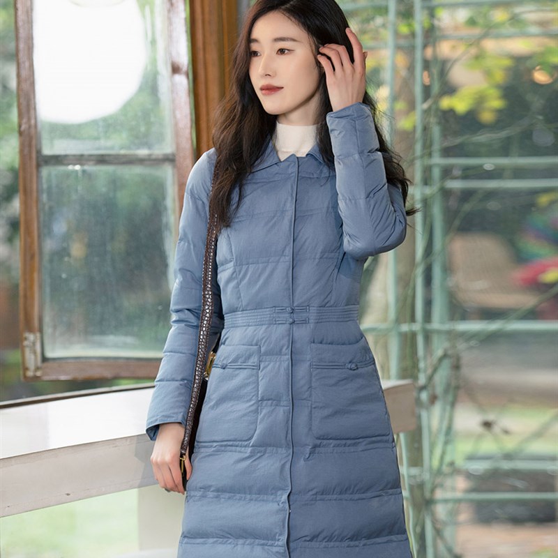 纻衣蓝色中长羽绒棉服2024冬季新款棉衣修身显瘦高端气质棉袄外套