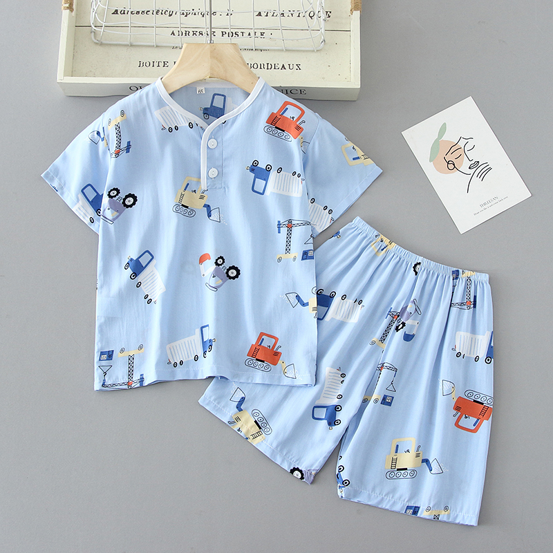 新款小孩短袖短裤棉绸家居服 夏季薄人造棉女童男孩绵绸儿童睡衣