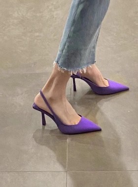 大码女鞋41一43宽胖脚单鞋秋半拖鞋法式尖头紫色细跟高跟鞋42包头