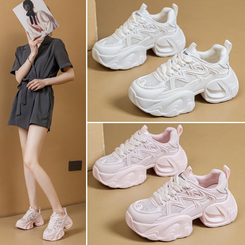 真皮蕾丝爆款老爹鞋女增高夏百搭网纱透气厚底运动休闲鞋松糕网鞋