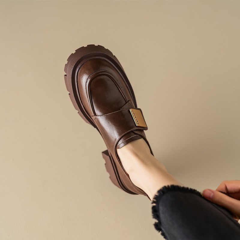 2024春新款真皮厚底黑色英伦风小皮鞋女粗跟松糕底皮带扣懒人单鞋