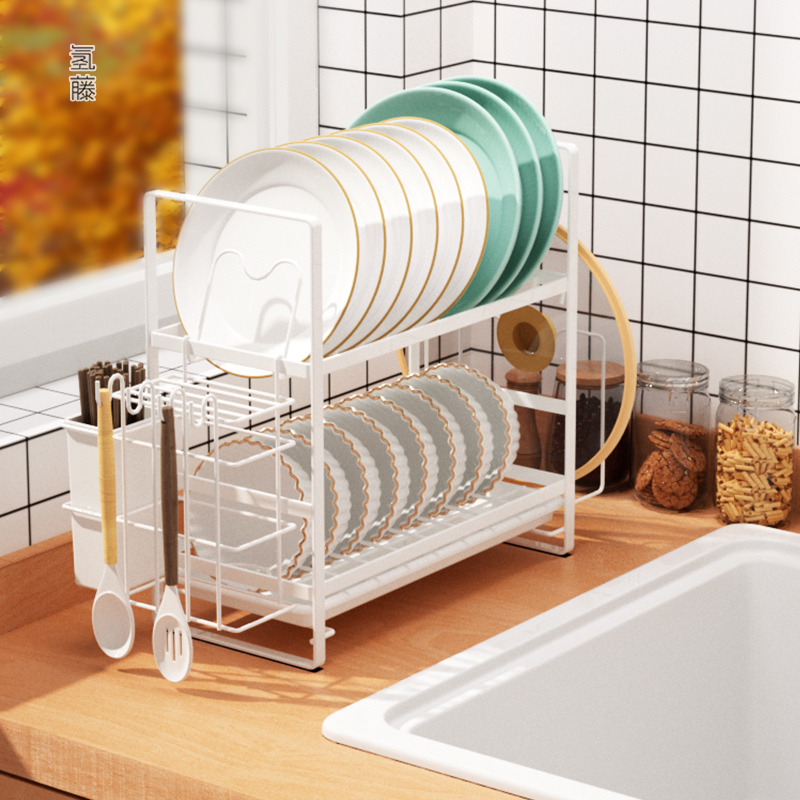 厨房双层碗碟架沥水架窄款砧板锅盖置物架小型台面橱柜碗筷收纳架