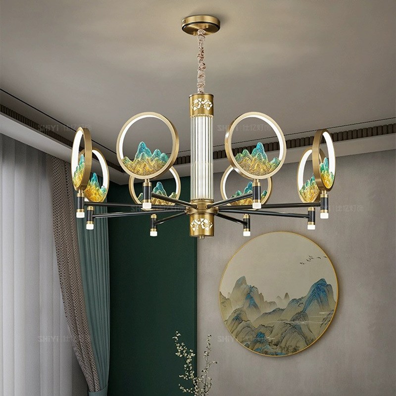 新中式全铜客厅吊灯复古风仿琉璃轻奢餐厅灯现代简约Y书房茶室灯