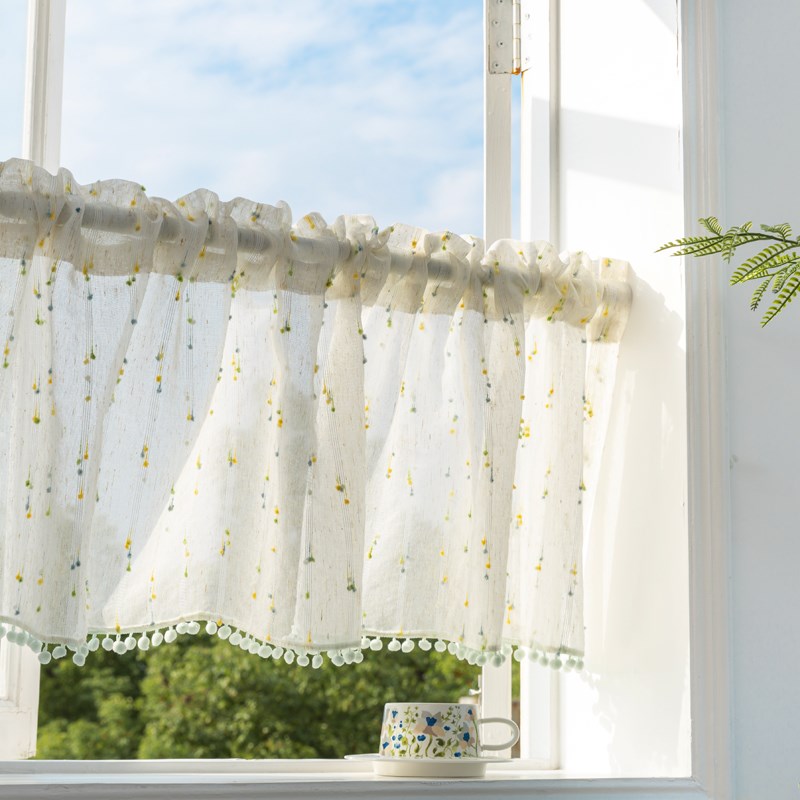 亚麻条纹豆豆纱帘半截短窗帘半A帘小窗户免打孔厨房短帘门帘隔断