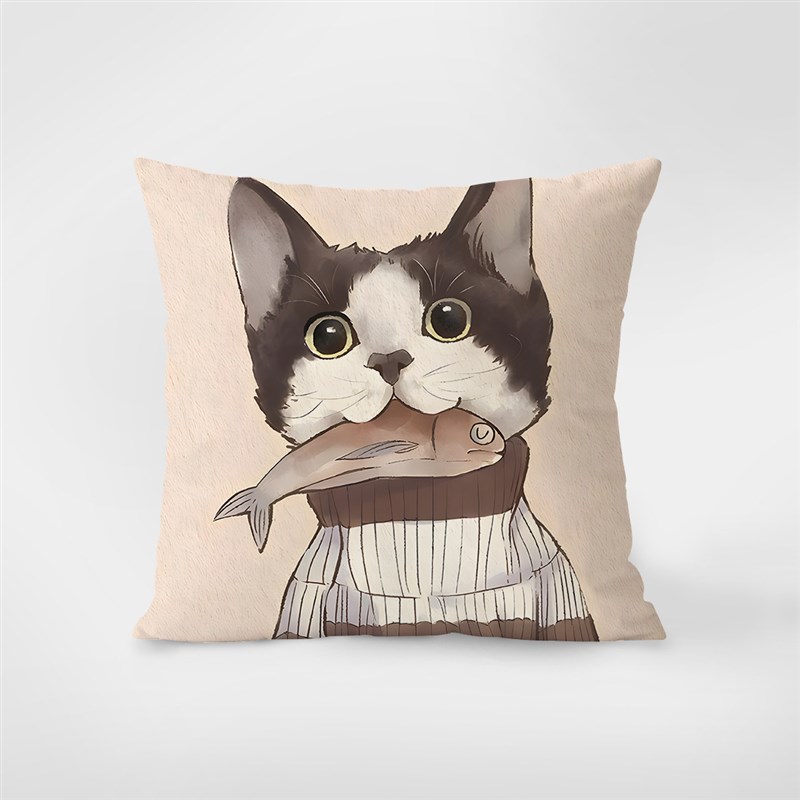 中式卡通动物猫鱼绒面抱枕现代y简约沙发客厅样板间腰枕套靠枕靠