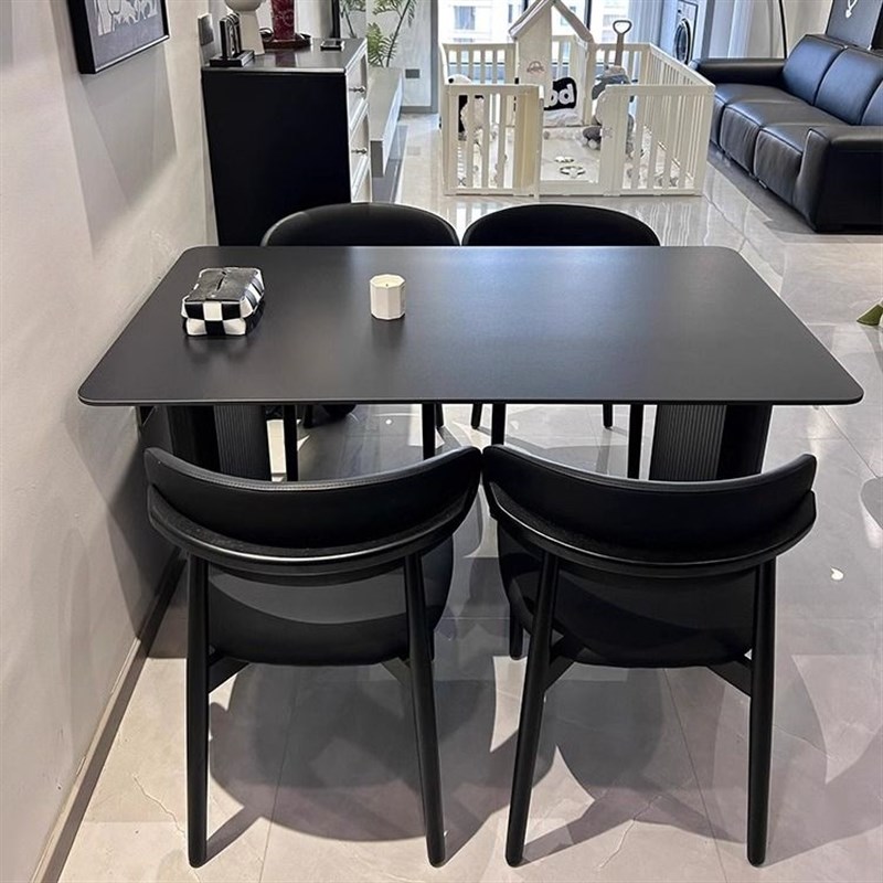 意式极简风岩板餐桌椅组合黑色现代简约轻奢长方形饭桌Y小户型家