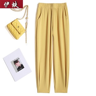 女宽松夏薄款 女裤 冰丝凉感高腰显瘦萝卜裤 亚麻九分裤 休闲裤 哈伦裤