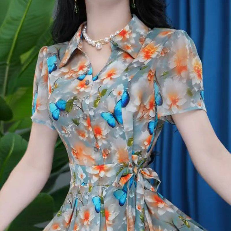 时尚短袖连衣裙女2025年夏季新款气质收腰显瘦中长款印花休闲裙子,女装/女士精品,连衣裙,淘宝优惠券,粉丝福利购,淘宝优惠卷