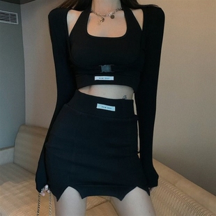 修身 长袖 外套 2023秋季 高腰阔腿裤 冷淡风炸街套装 内搭背心 女 新款