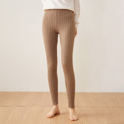 2022秋冬新款女100纯山羊绒抽条修身打底裤弹力时尚休闲保暖裤