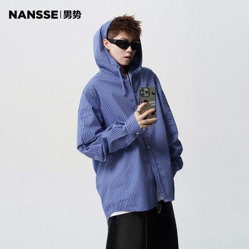 格纹连帽衬衫男2025夏季新款潮牌宽松弯刀袖衬衣户外休闲防晒衣