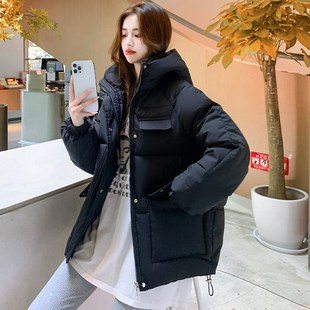 反季新款韩版冬季女装连帽百搭面包棉服学生宽松黑色中长款外套女