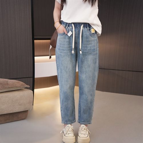 加肥加大版松紧腰抽绳牛仔裤春季胖妹妹高腰百搭显瘦大码哈伦女裤