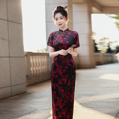 古法半开襟长款曳地旗袍2025新款复古国风气质高端港风优雅连衣裙