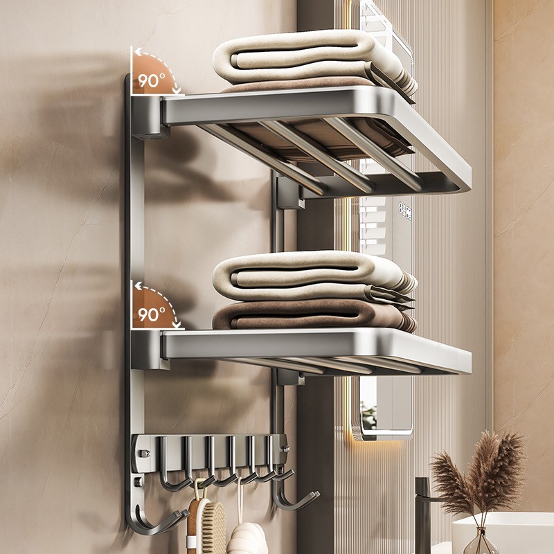 枪灰毛巾架可折叠浴巾架免打孔卫生间浴室厕所置物架壁挂收纳架子