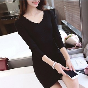 针织打底连衣裙紧身百搭长袖短款修身包臀裙v领粉色毛衣女春秋季