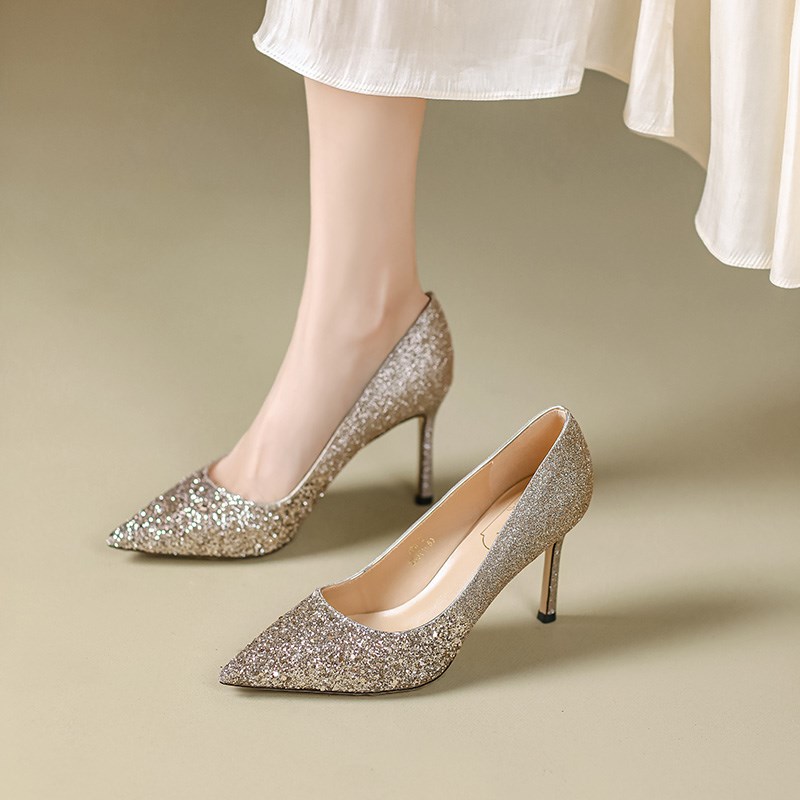 香槟色亮片水晶高跟鞋女细跟法式18岁成人礼宴会配礼服婚鞋伴娘鞋