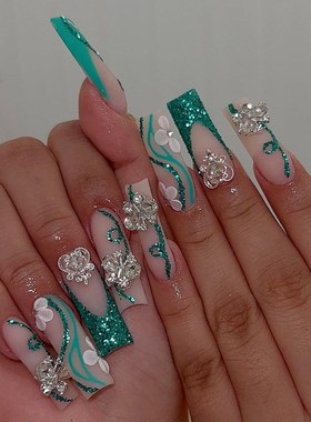 网红超闪穿戴甲绿色亮片花朵美甲长款方形金光权杖浮雕甲片