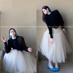 韩系甜美风长袖 针织拼接外套上衣高腰网纱蓬蓬A字半身中长裙套装