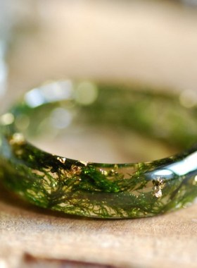 天然水草树脂戒指冰种飘花玉髓指环尾戒复古精品树脂苔藓男女戒指