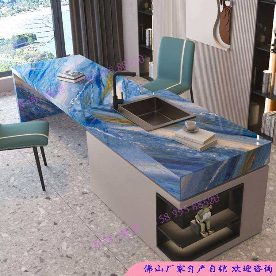 圆角多功能伸缩岩板岛台餐桌一体成品开放式厨房吧台餐桌岛台