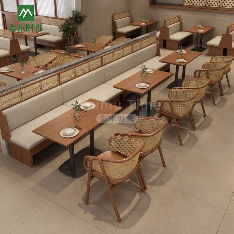 连锁餐饮店咖啡厅桌椅实木编藤椅饭店日料茶楼主题餐厅卡座沙发