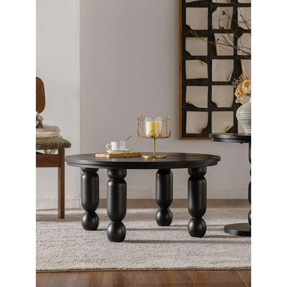 实木黑色组合法式茶几复古客厅家用民宿简约小户型轻奢设计师圆形