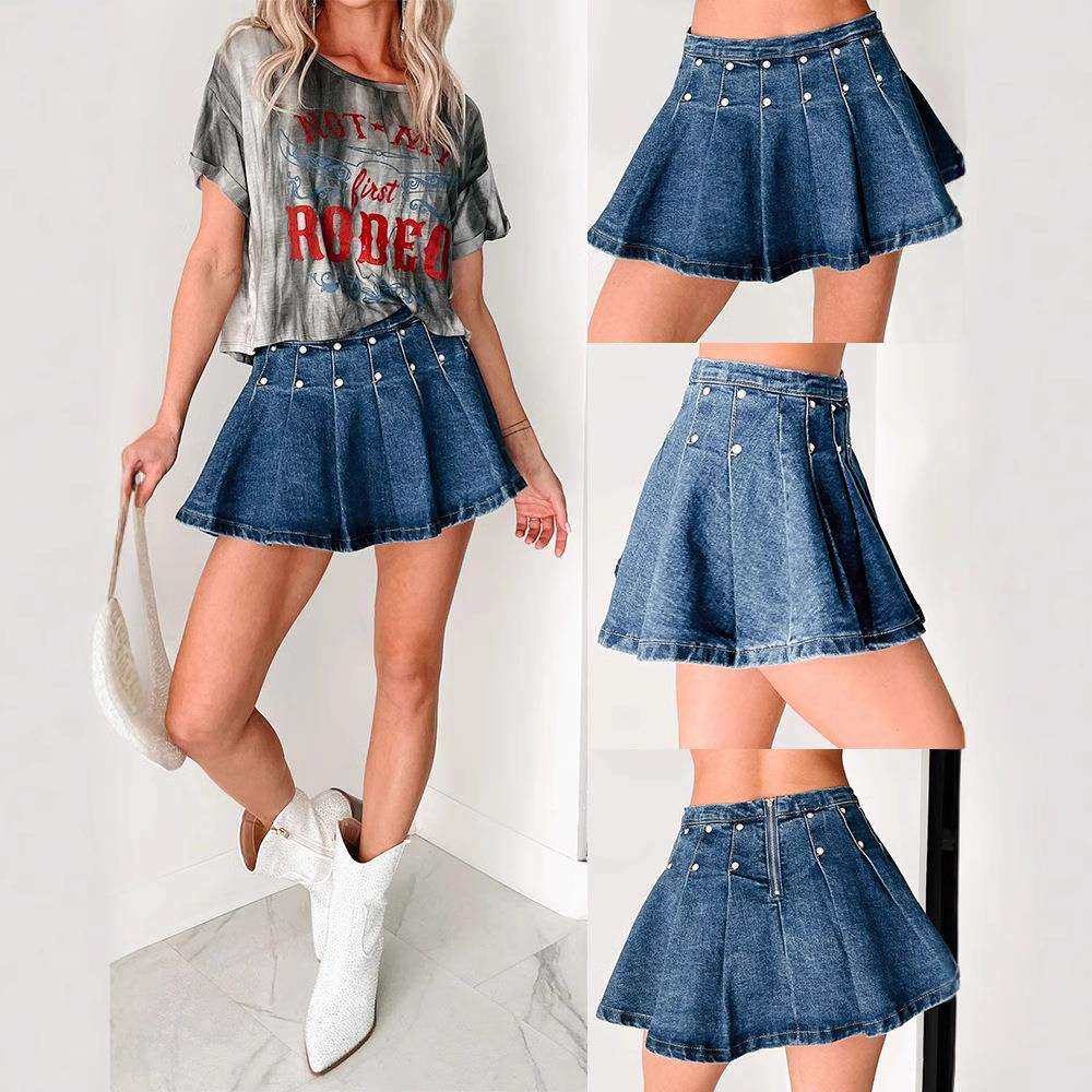 2025年跨境欧美式夏季 辣妹铆钉复古a字百褶女士牛仔半身短裙8947