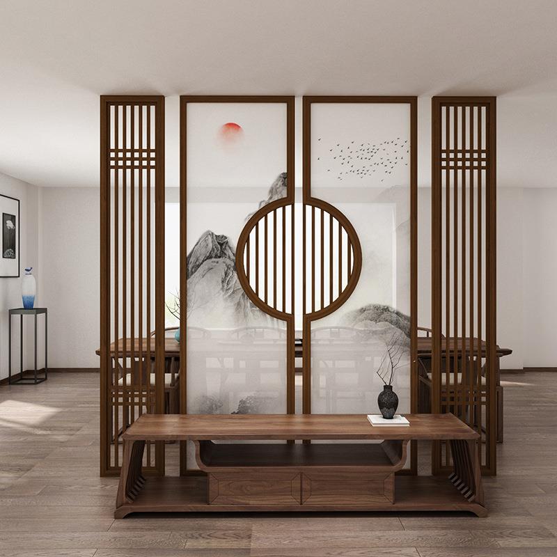 新中式入户客厅半透乔其纱隔断墙实木玄关酒店餐厅屏风布艺隔断