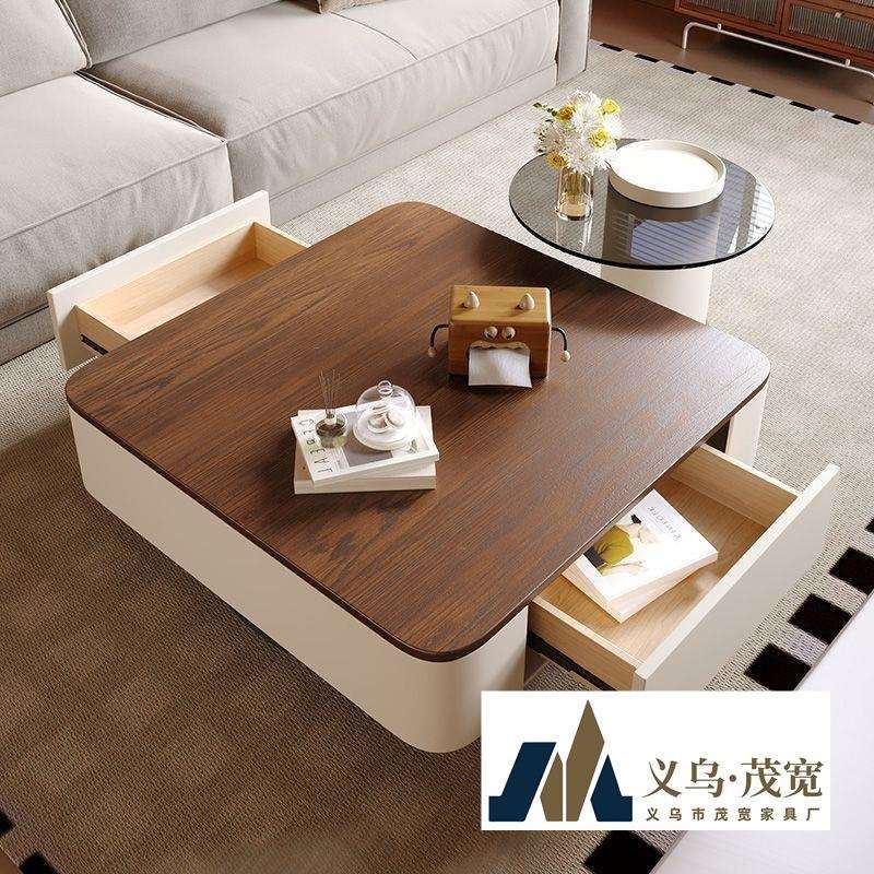 方形岩板茶几现代简约轻奢客厅高级家用中古风黑色茶桌极简组合