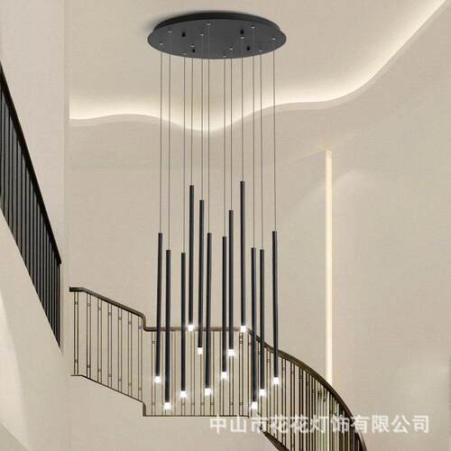 楼梯吊灯圆管长吊灯现代简约中空挑空大别墅loft复式旋转楼梯吊灯