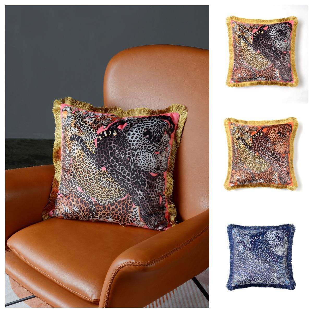 优雅复古流苏双面印花抱枕 轻奢装饰金钱豹客厅沙发方靠垫护腰枕