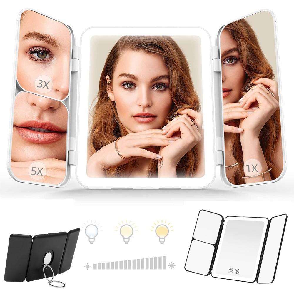 化妆镜台式支架led灯带灯折叠三折镜子可壁挂梳妆镜智能美妆补光