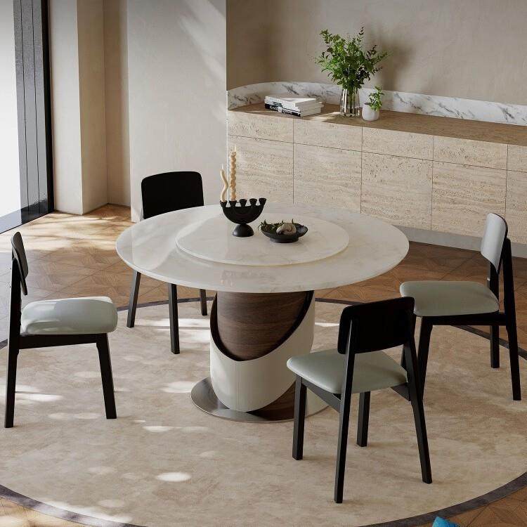 意式极简大理石餐桌椅组合带转盘圆形实木创意客厅家用高端饭桌