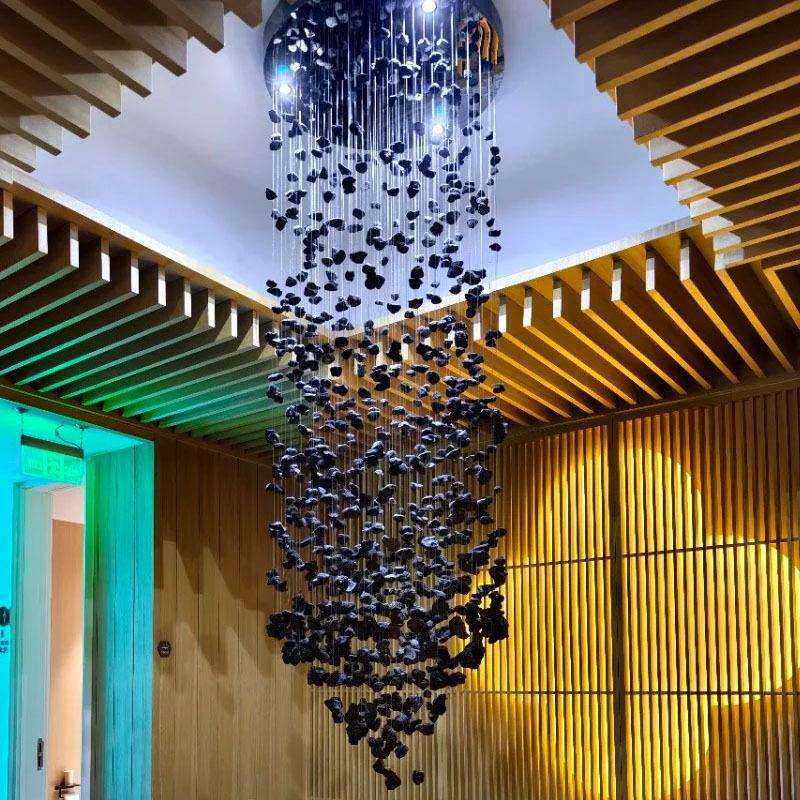 轻奢酒店大堂灯黑色石头子长吊灯LOFT复式住宅别墅楼梯间灯中空灯