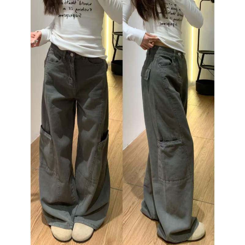 美式深灰色阔腿工装裤女秋季新款大码胖mm宽松梨型身材拖地牛仔裤