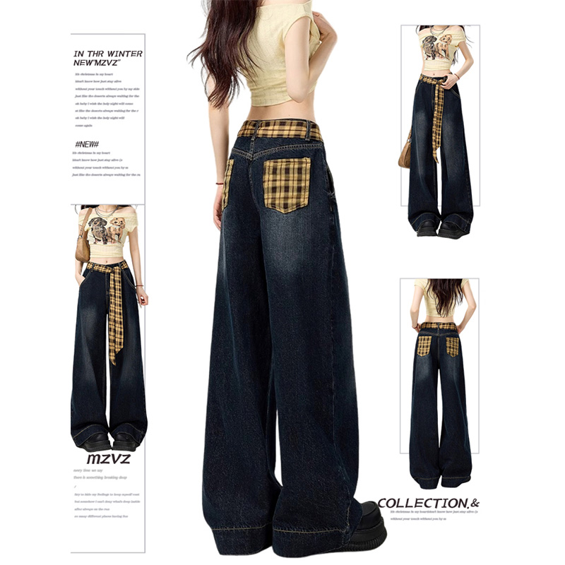 小众美式复古格子拼接牛仔裤