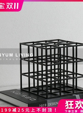 极简现代轻奢创意软装九宫格方框铁艺摆设样板P房间售楼处玄关摆