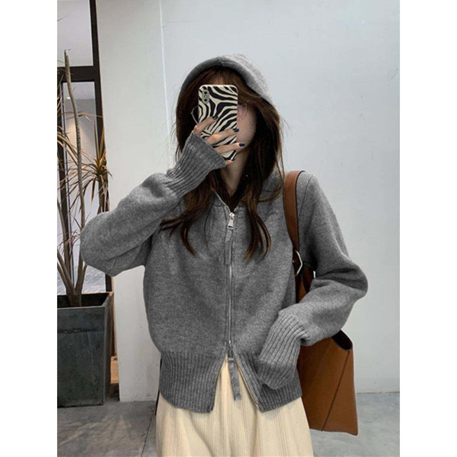 灰色连帽卫衣厚女宽松穿毛外衣开7520Q衫外套气短款内搭针织衫加
