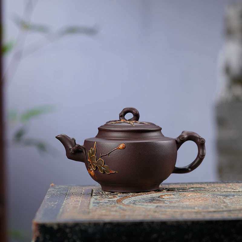 蝙蝠葡萄茶壶福寿如意全手工碗灯紫砂壶名家原矿老紫泥树桩贴花壶