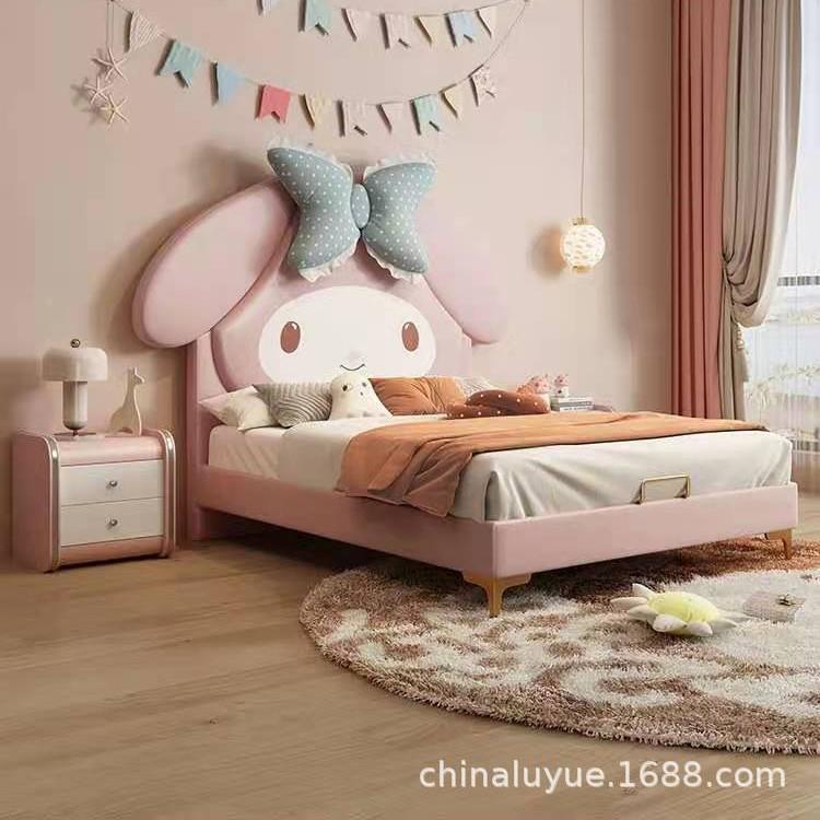 可爱儿童床卡通网红兔子204床孩女公主少床实女木人粉色皮艺软包
