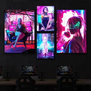 网咖KTV酒吧墙壁画赛博朋克风霓虹LED发光挂画电竞酒店房间装饰画