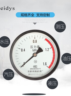 压力表储气罐专用压力表Y100Z带红色警示线0-1.6MPa气压表M20*1.5