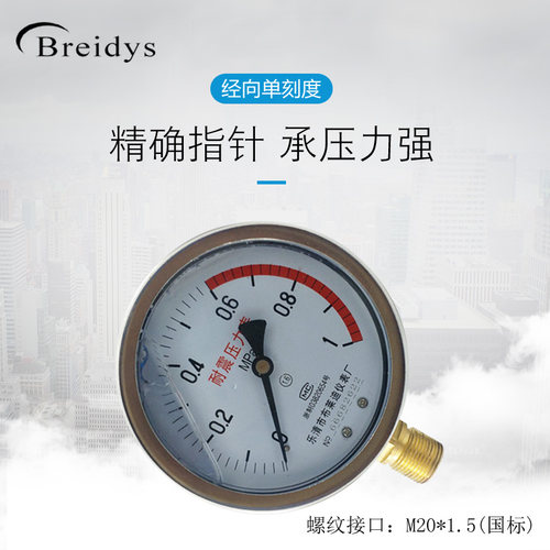 压力表YN100耐震压力表0-1.6MPA气压表液压油压水表0-40MPA高压表