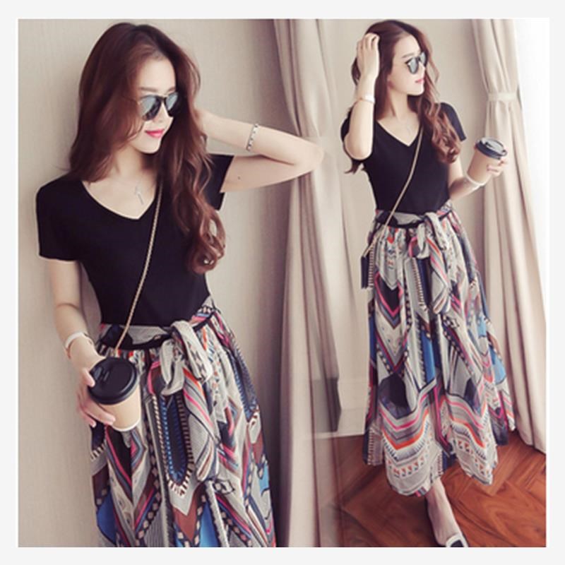 2025女装新款韩版短袖印花雪纺连衣裙女显瘦V领中长款收腰长裙连