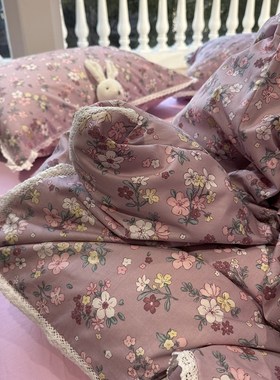 少女心蕾丝花边被套紫色碎花床上四件套1.5m1.8米床单纯棉三件套